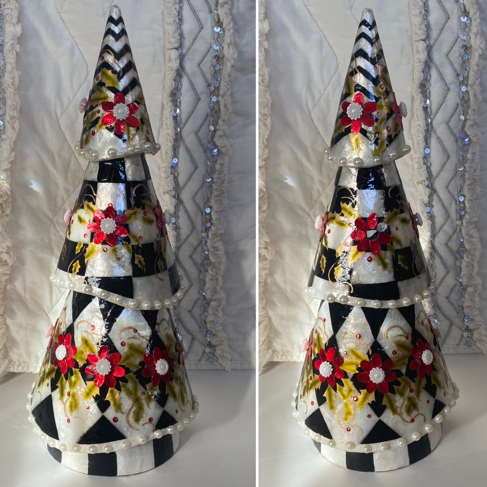 MacKenzie-Childs Checkmate Tree, Harlequin Poinsettia Holly and Pearls Damaged